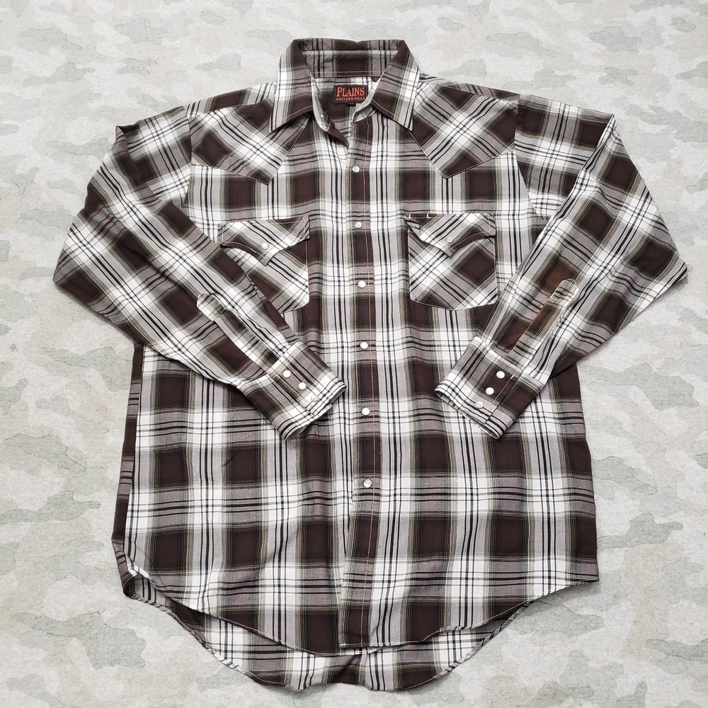 Plains Western Wear Shirt Mens Medium Brown Pockets Pearl‎ Snap Long Sleeve